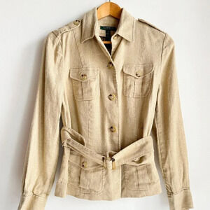 Lauren Ralph LAuren Beige Gold Metallic Thread Silk Linen Belted Jacket 8